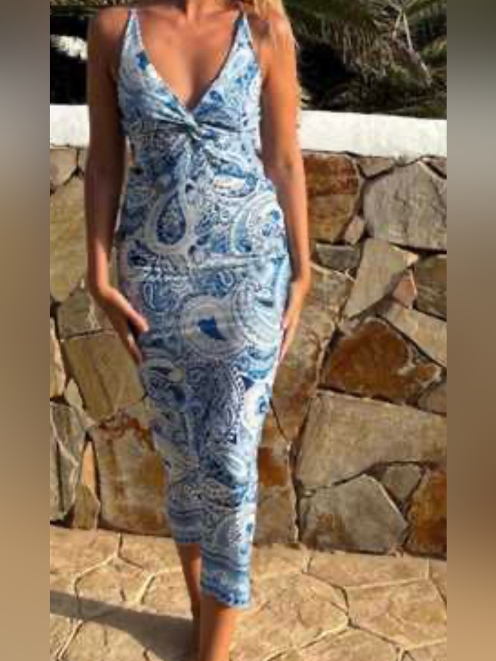 Zara Blue and White Paisley Print Maxi Dress with Straps, Size L